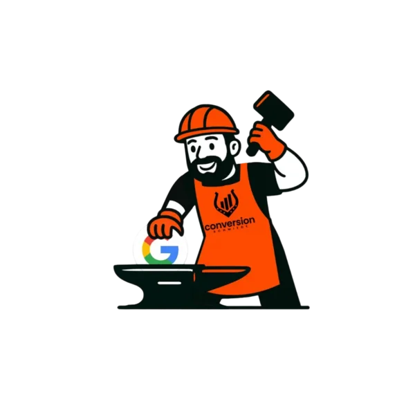 SEO Agentur visualisiert durch Schmied am Amboss mit Google Logo